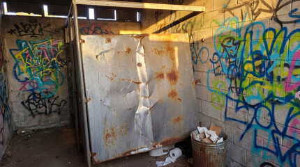 Abandoned concrete restroom with rusted metal stall, graffiti covered walls, littered floor and overflowing trash bin