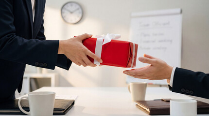 Business professional handing a red wrapped gift with a white ribbon to a colleague in an office setting during a meeting