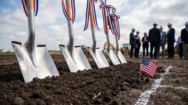 Ceremonial groundbreaking event with shiny shovels, small american flag, and group of people in construction helmets on open soil