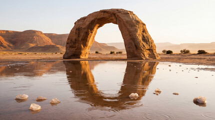 Majestic natural sandstone arch reflecting in tranquil desert water with scattered rocks at sunrise in arid wilderness landscape