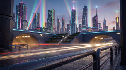 Futuristic city skyline at dusk with illuminated skyscrapers, neon lights, and vibrant laser beams above wet urban roads