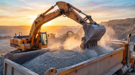 Excavator digging and loading soil into a dump truck at a quarry site during sunrise, heavy equipment in mining operations