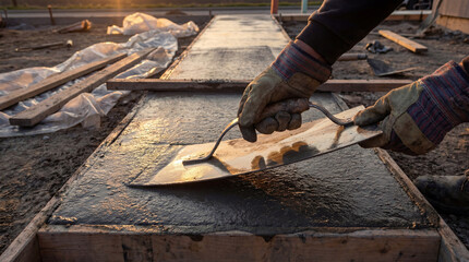 Construction worker smoothing freshly poured concrete sidewalk at sunrise using hand trowel, building durable urban pathway