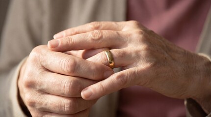 Close-up of a senior woman's hands removing her gold wedding ring, a symbol of divorce, loss, or separation