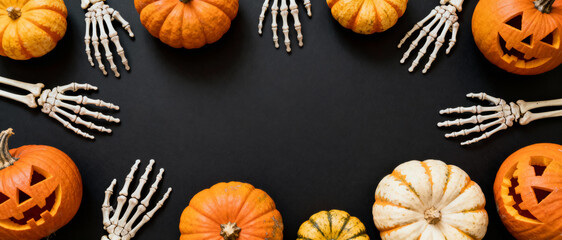 Halloween pumpkins and skeleton hands arranged in a festive border on a dark background for seasonal celebration and decoration