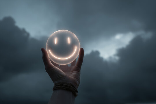 Hand holding glowing smiley face orb in dark, cloudy sky creating ethereal and hopeful atmosphere with a symbol of positivity and light, representing hope and optimism