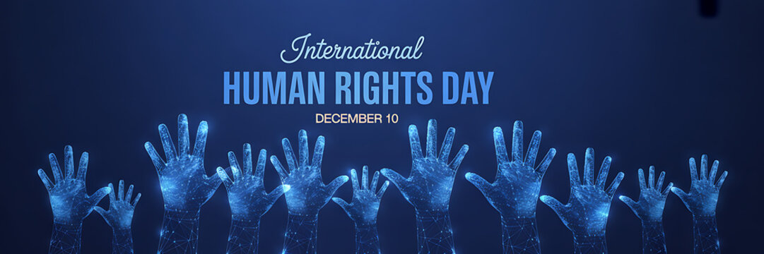 Empowering digital human rights celebration hands December 10, promoting global unity and equality with a modern vibrant design for social justice campaigns
