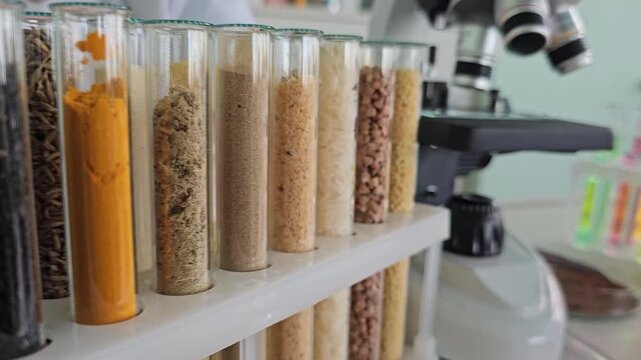 Exploring various samples in test tubes lined up next to a microscope in a laboratory setting