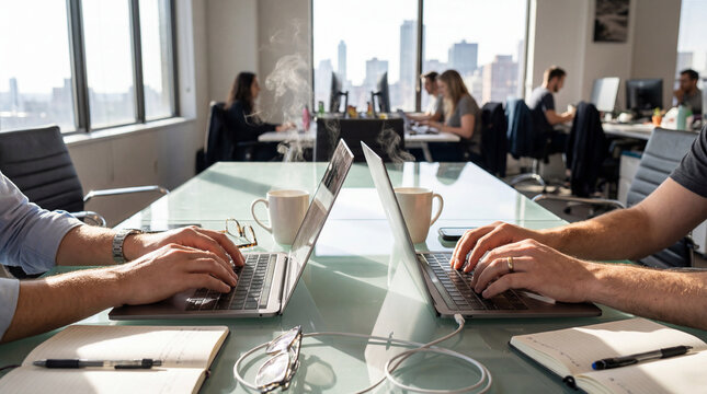 Colleagues working together at modern office desks with laptops and coffee, city skyline in background, team collaboration concept