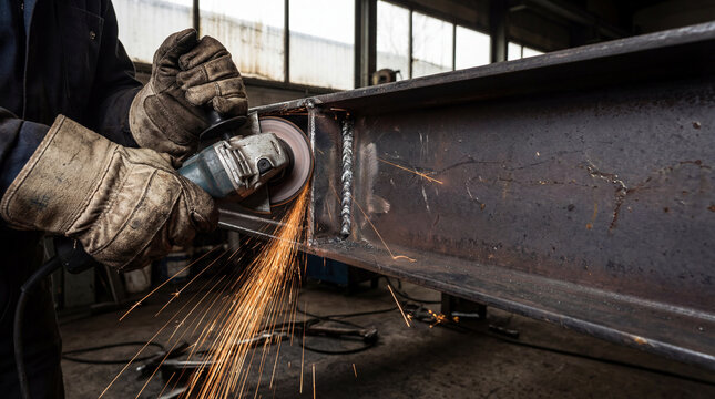 Industrial worker using angle grinder on steel beam in workshop, creating bright sparks and showcasing metal fabrication process - Powered by Adobe