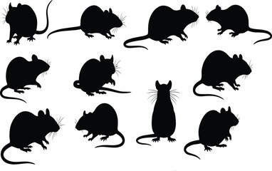 Collection of black mouse and rat silhouettes in various poses rodent animal