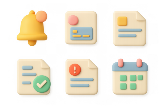 Minimalist invoice icon set featuring notifications, checklists, and calendar elements for digital design and ui