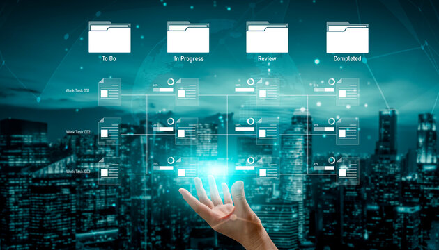 Task workflow system showing document progress through stages. Task tracking improves productivity, ensures visibility, task tracking supports planning, and task tracking manages status. Vouch