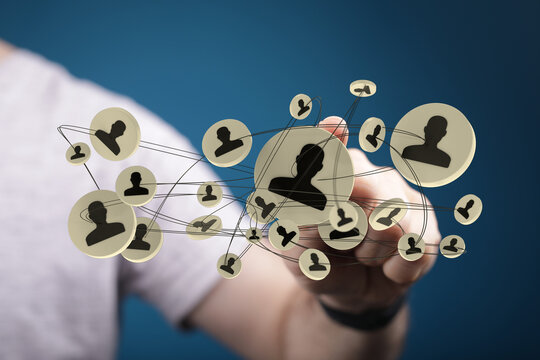 Conceptual image depicting social networking, teamwork and organizational structure in global business environment.