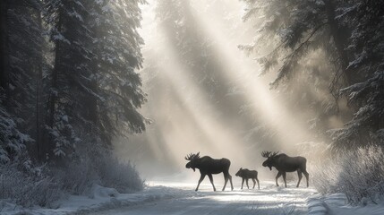 Two moose walking down a snowy road