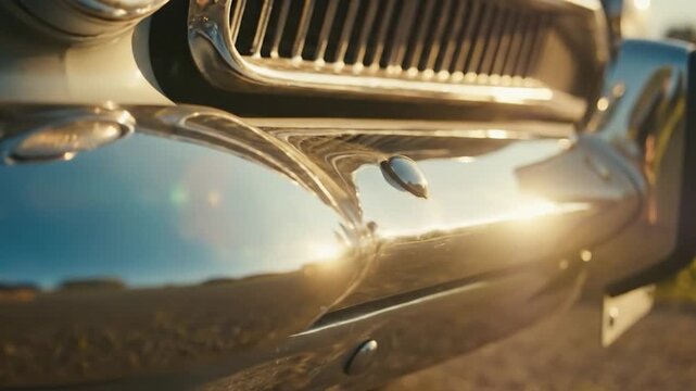 Closeup of a vintage cars chrome bumper reflecting a golden sunset