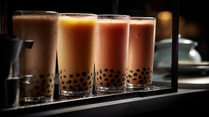 Four colorful glasses of bubble tea sit on a counter in a dimly lit cafe. Each drink features bright layers and chewy tapioca pearls at the bottom, creating an inviting scene