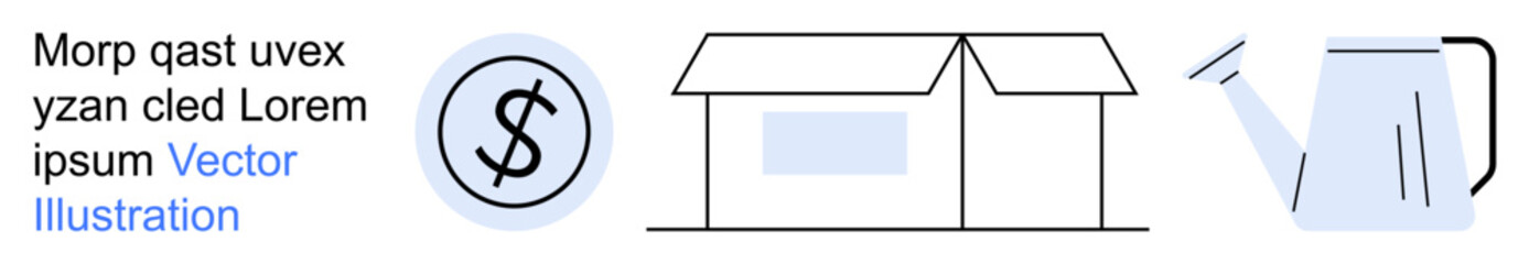Real estate, financial planning, gardening tools, savings, investment, home care. Coin symbol, house structure and watering can. Real estate and financial planning