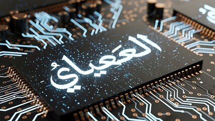 Arabic script glowing on advanced computer processor circuit board