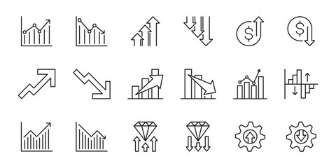 Set of Growth Outline Vector Icon. Collection of minimalist line art financial and business charts and graphs icons. Collection of clean line graphics representing data analysis financial trends.