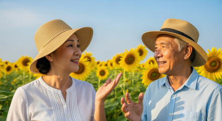 Smiling senior couple enjoying vibrant sunflower field in summer sunlight, wearing hats and sharing joyful conversation outdoors