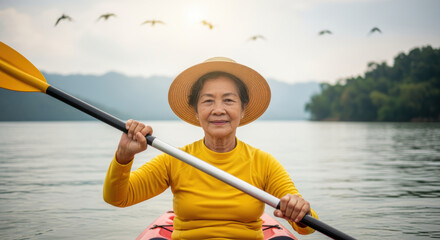 Senior woman kayaking on calm lake wearing yellow shirt and straw hat, surrounded by serene nature and distant flying birds