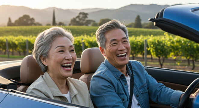 Smiling senior couple driving convertible through lush green countryside vineyards with mountains in the background at sunset