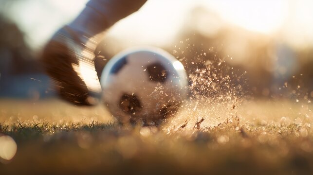 Player strikes soccer ball on field during sunset practice session
