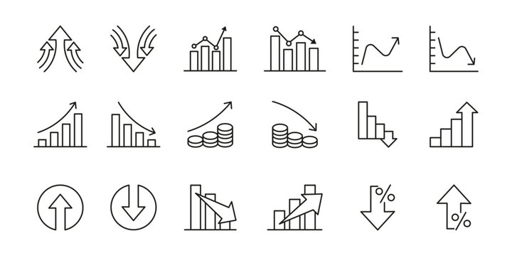 Set of Growth Outline Vector Icon. Collection of minimalist line art financial and business charts and graphs icons. Collection of clean line graphics representing data analysis financial trends. - Powered by Adobe