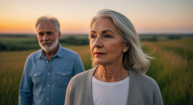 Mature couple enjoying tranquil sunset together in open field, reflecting on life and happiness in nature during golden hour - Powered by Adobe