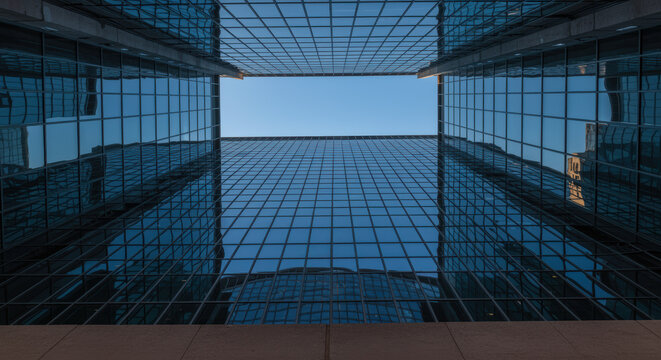 Modern glass skyscraper reflecting blue sky, symmetrical urban architecture perspective with geometric patterns and tall vertical lines