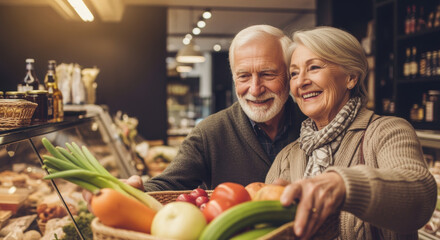 Happy senior couple grocery shopping together, selecting fresh vegetables and fruits in a cozy market, enjoying healthy living