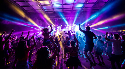 Excited crowd dancing at energetic outdoor music festival under dynamic colorful lights with people celebrating and enjoying live concert
