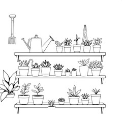 Aesthetic monochromatic drawing of household shelves with neatly arranged practical gardening tools including a watering can, pruning shears, and gloves, accompanied by an assortment of potted plants 