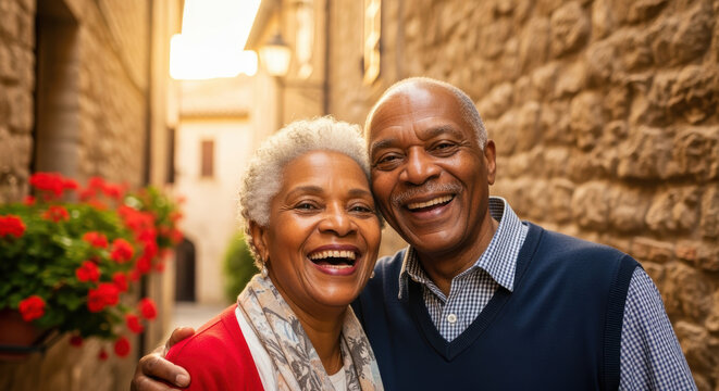 Happy senior couple embracing and smiling outdoors in a sunlit cobblestone alley lined with red flowers and historic stone walls