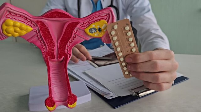 Medical professional shows reproductive anatomy model alongside birth control pills in a clinical setting