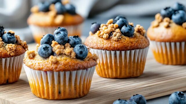 Blueberry muffin with crumb topping and fresh blueberry wooden board, warm inviting breakfast