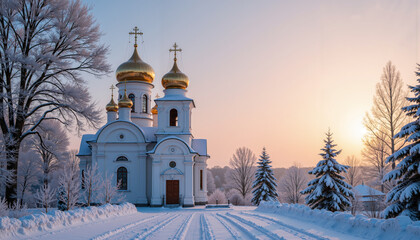 Fototapeta premium Snowy village church with golden domes under twilight sky in winter 