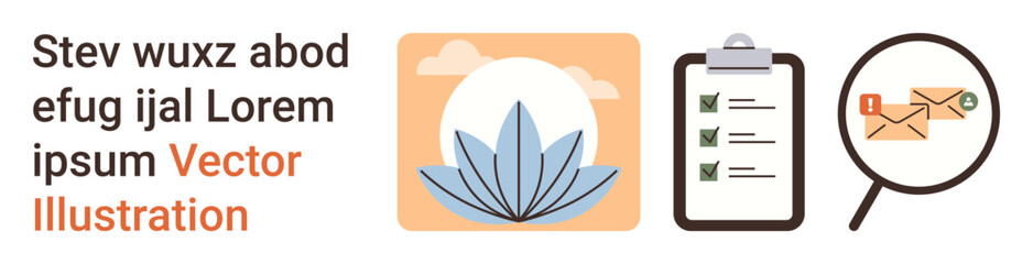 Business management, workflow optimization, communication systems, mindfulness, organization, corporate tools. Lotus symbol, checklist and magnifying glass with email icons. Business management