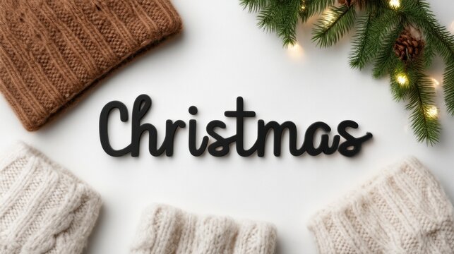 Black Christmas text with knit accessories and pine lights, stylish minimalist flat lay ideal for elegant winter promotions or cozy lifestyle designs.