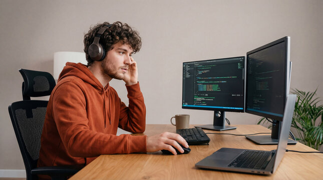 Focused young man in headphones programming at modern desk with dual monitors and laptop in home office environment