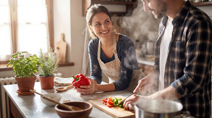 Smiling couple preparing fresh vegetables together in a cozy kitchen filled with natural light and aromatic herbs