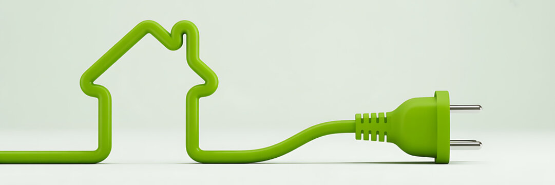 Sustainable living concept with green electric plug in house shape, eco friendly energy solutions for modern homes, environmentally conscious power source