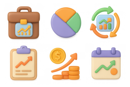 Investment icon set with growth chart briefcase and coin arrows for financial planning and strategy design