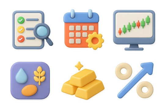 Simple financial icons set with chart, calendar, gold bars, and checklists for planning and investment design