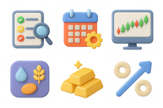 Simple financial icons set with chart, calendar, gold bars, and checklists for planning and investment design