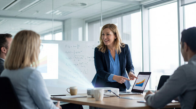 Confident businesswoman presenting financial growth charts to colleagues during a team meeting in a modern office conference room