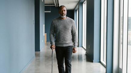 Confident mature man walking indoors with cane in modern corridor, reflecting independence recovery and support