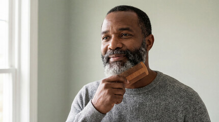 Mature man grooming his beard with a wooden comb while standing indoors and smiling in natural daylight