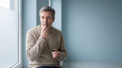 Middle aged man applying lip balm near a window in a cozy room wearing a beige sweater and looking thoughtfully outside